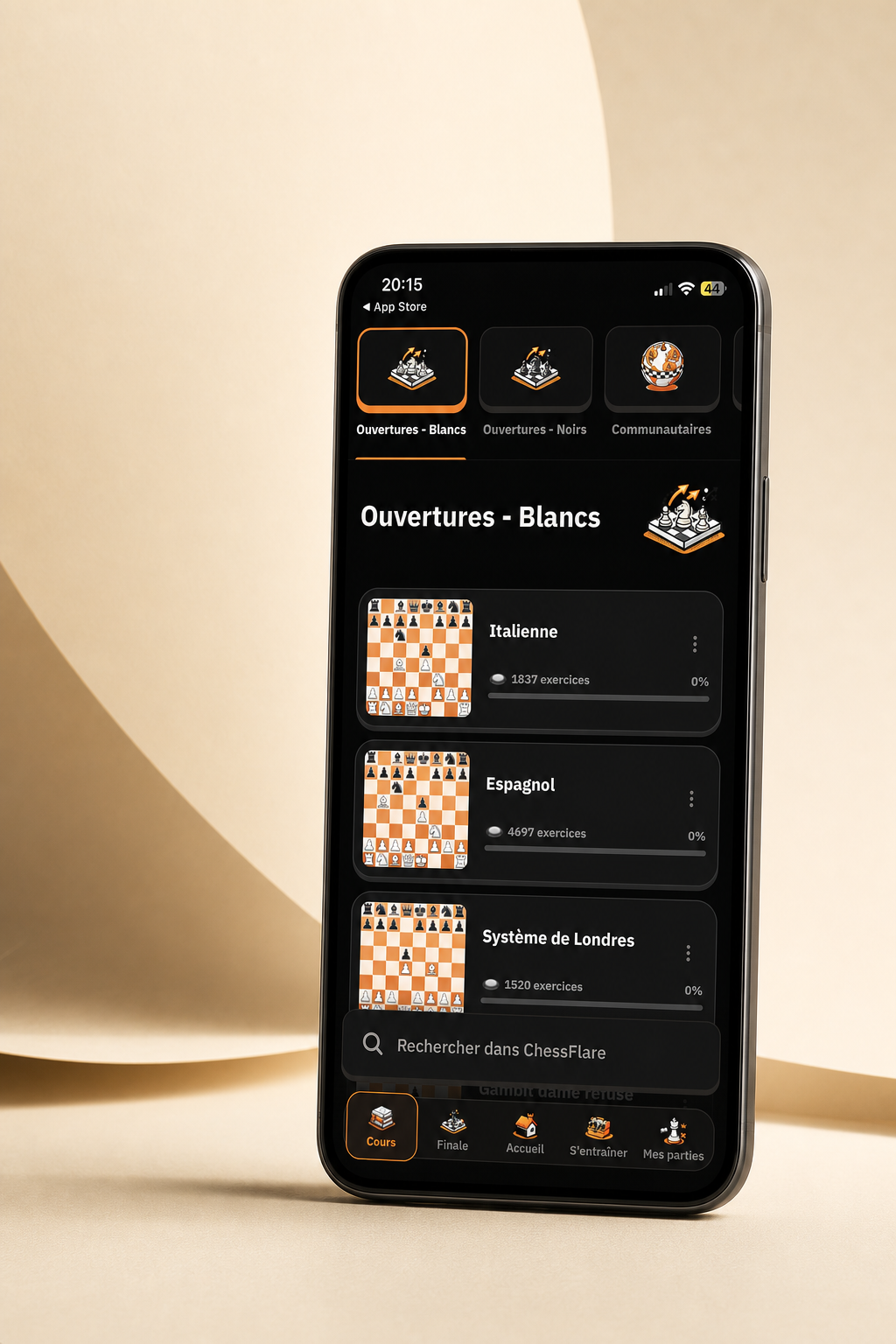 Catalogue de cours et d’ouvertures ChessFlare présenté dans un mockup de smartphone