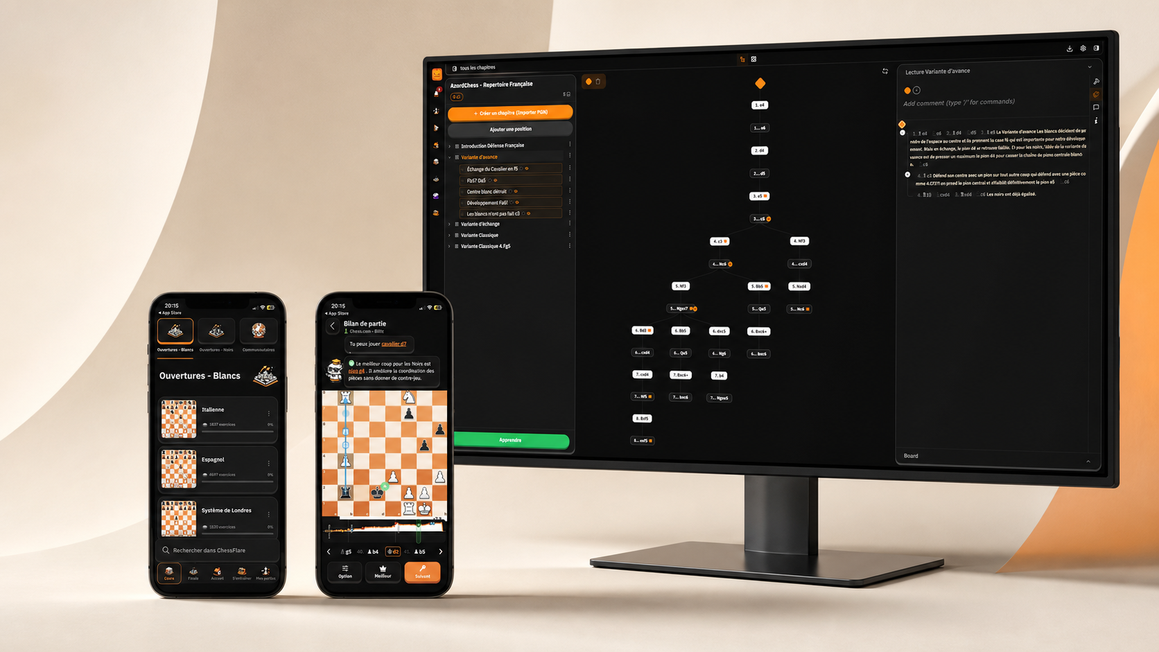 Écosystème ChessFlare présenté sur un écran desktop et deux téléphones dans un décor éditorial ivoire et champagne