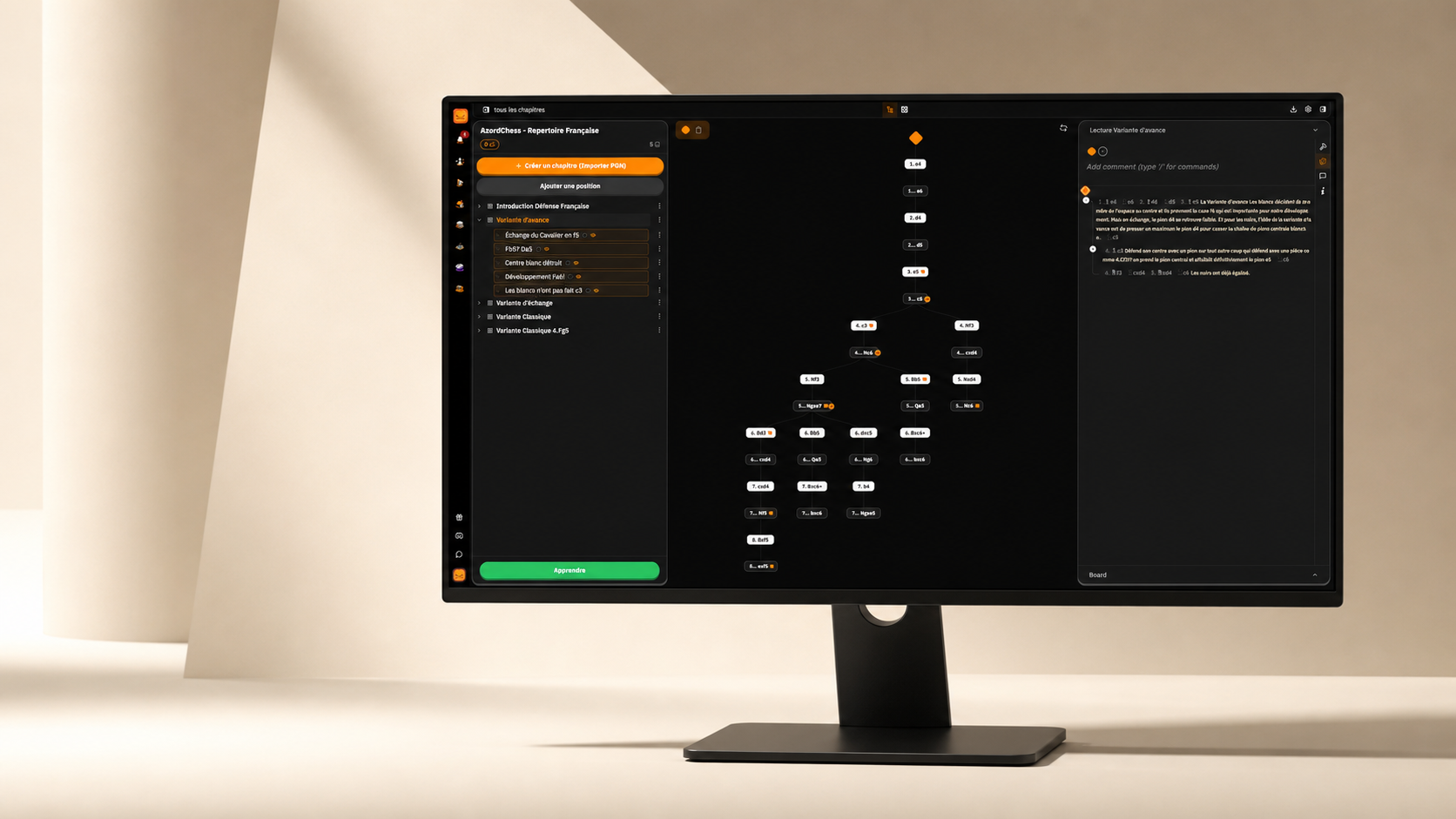 Interface SaaS ChessFlare de construction d’un répertoire d’ouvertures présentée sur un écran desktop