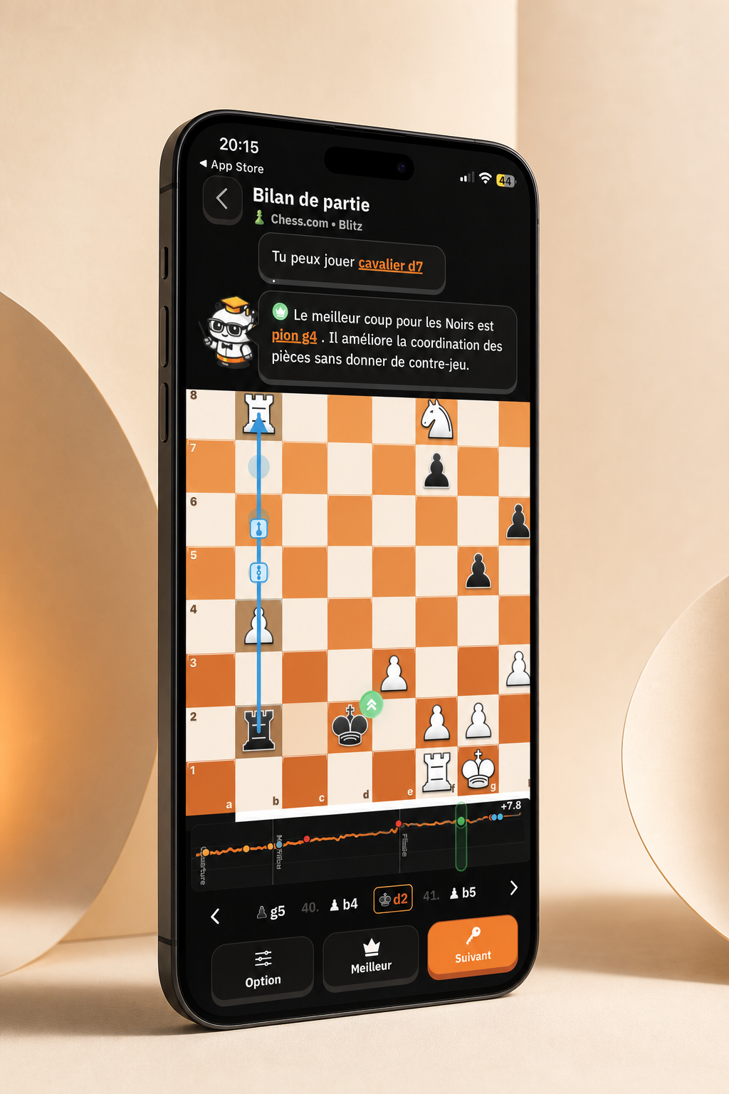 Bilan et analyse de partie ChessFlare présentés dans un mockup de smartphone