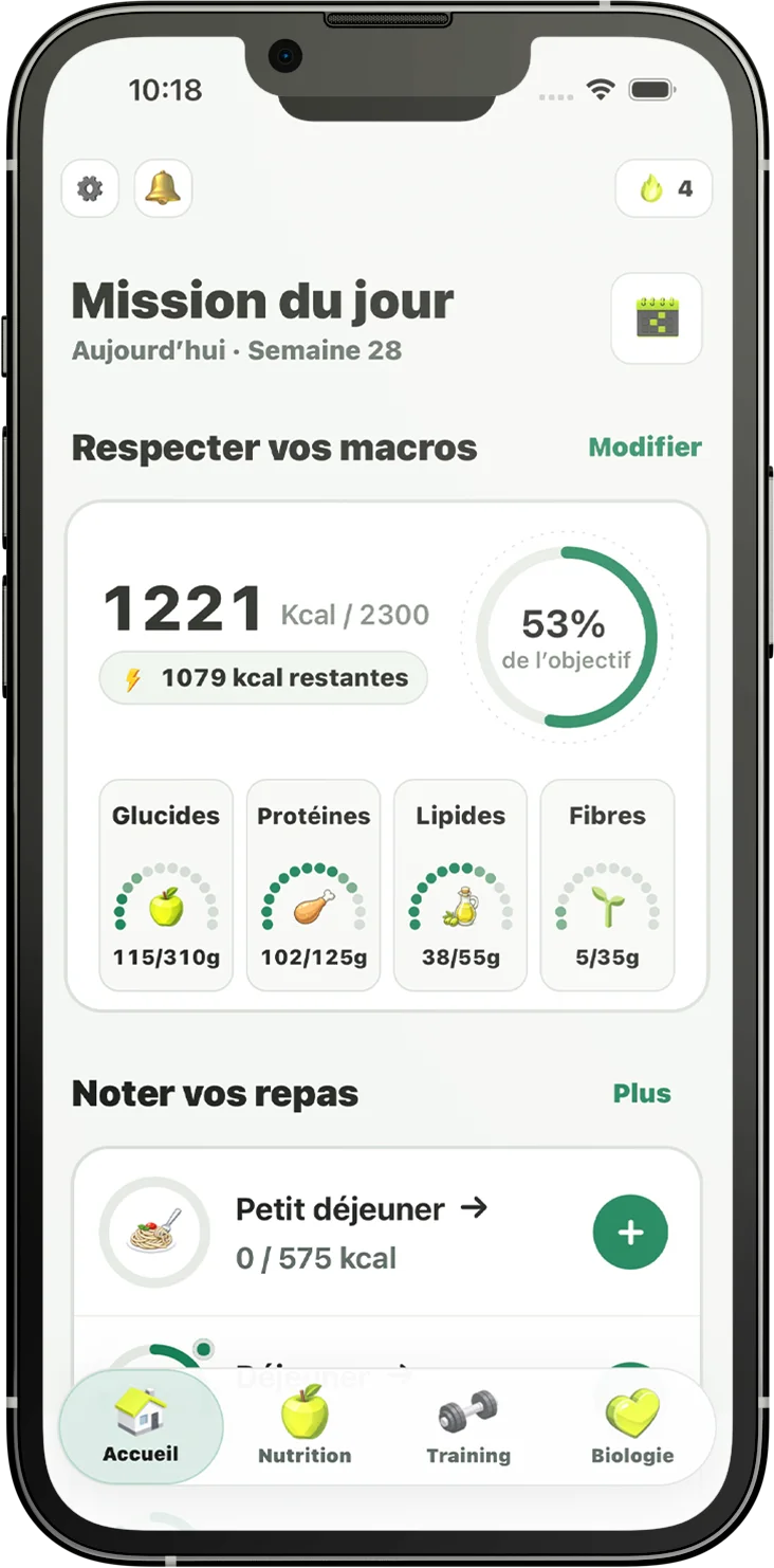 Écran d'accueil de l'application Shredy présentant les macros et la mission du jour