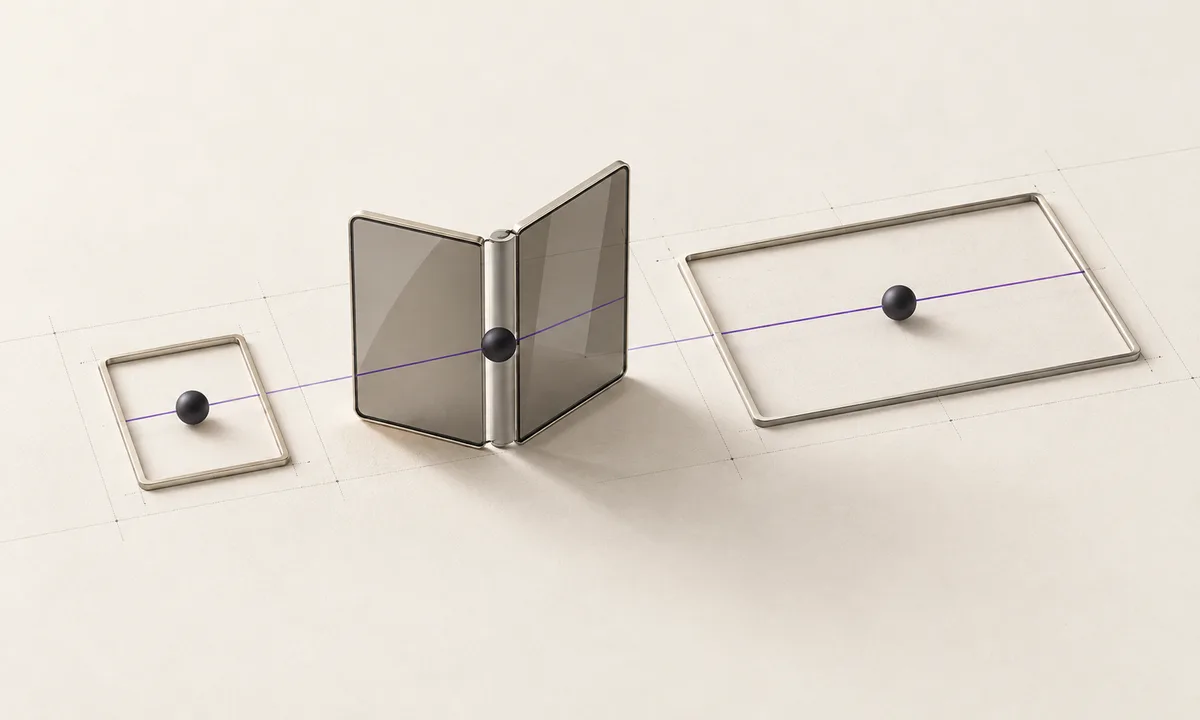 Trois gabarits reliés par un flux violet autour d’une charnière en métal champagne