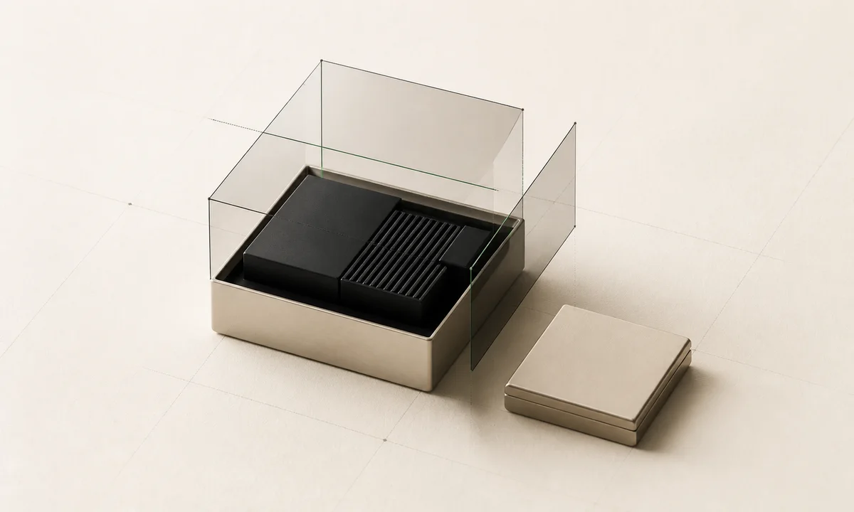 Module produit ajusté dans un emballage mesuré par des plans de contrôle en verre fumé