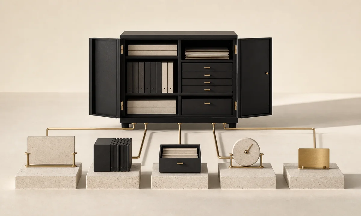 Armoire numérique organisée reliant domaine, code, données, analytics et accès d’un site web