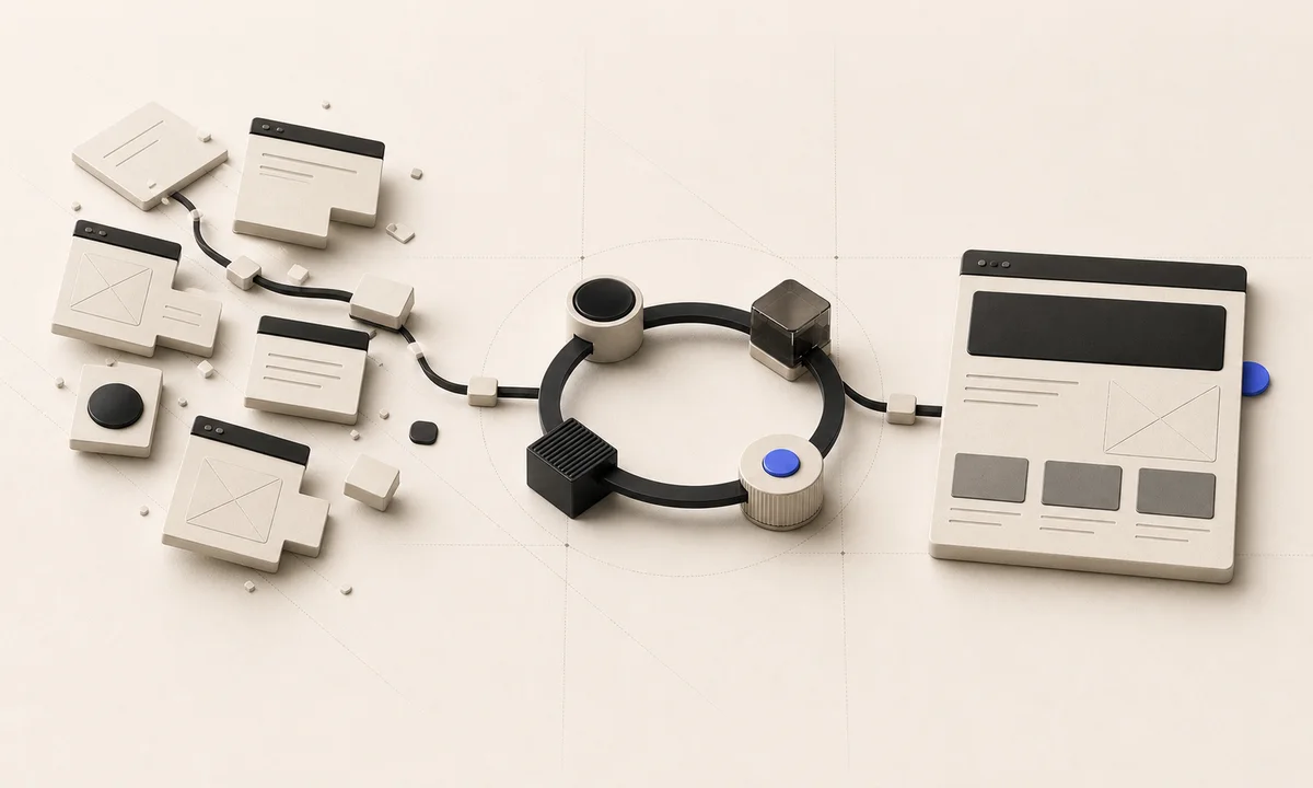 Composition éditoriale illustrant la vitesse, le contenu et la conversion d’un site web