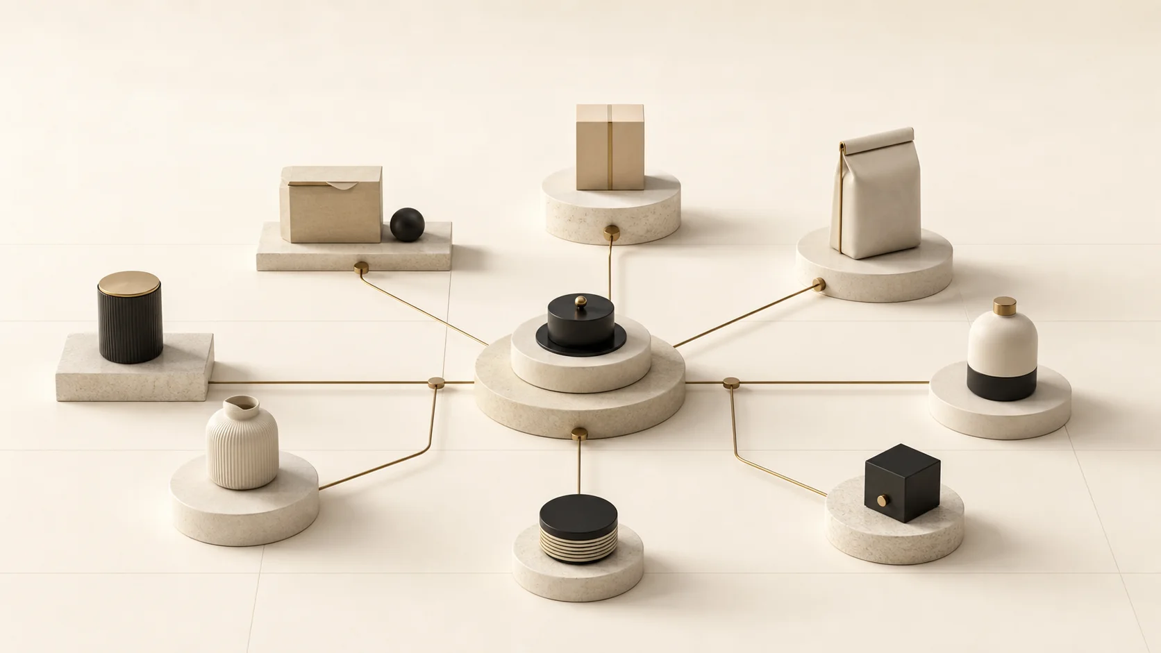 Catalogue e-commerce sculptural dont les catégories et produits sont reliés par des chemins précis